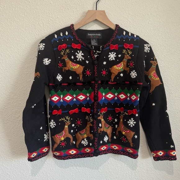 VTG Hampshire Studio Ho Ho Ho Christmas Raindeer Cardigan Granny 90's Knit - Picture 1 of 6